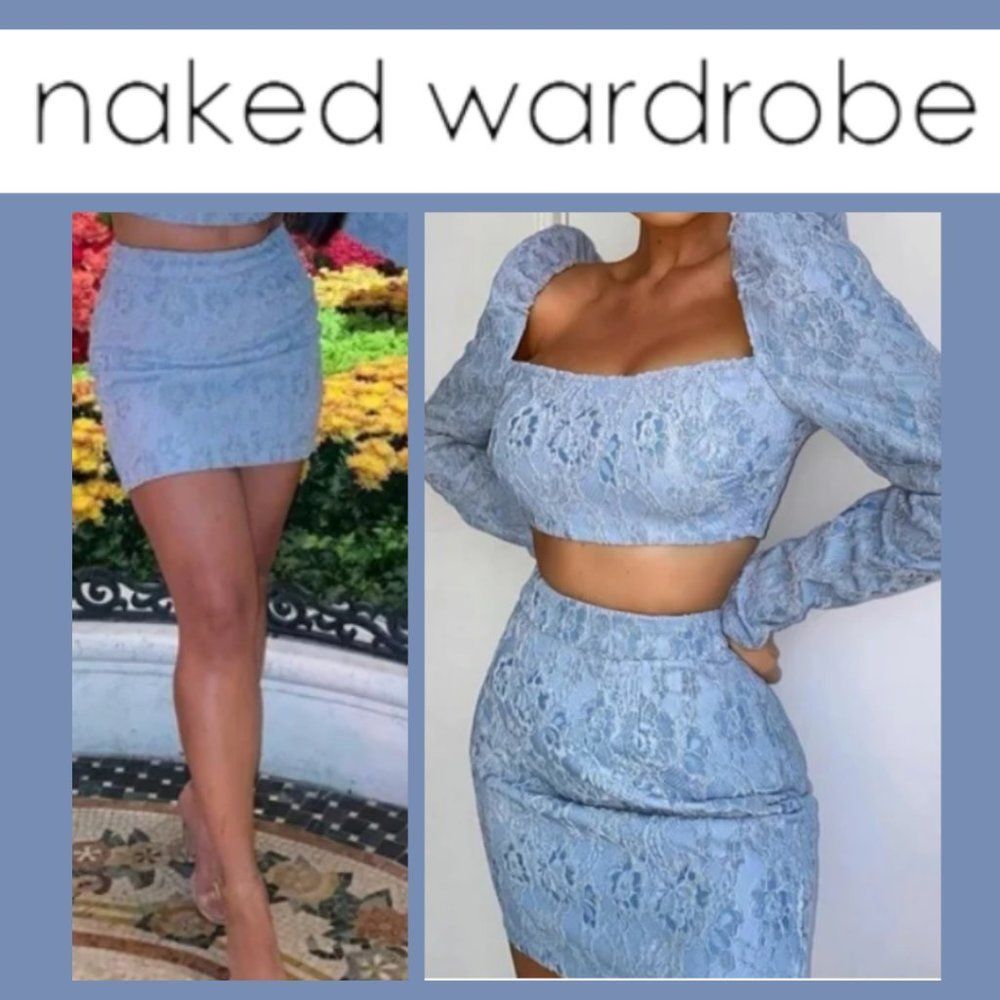 NWT Naked Wardrobe The Statement Blue Floral Lace Skirt (SKIRT ONLY!!)